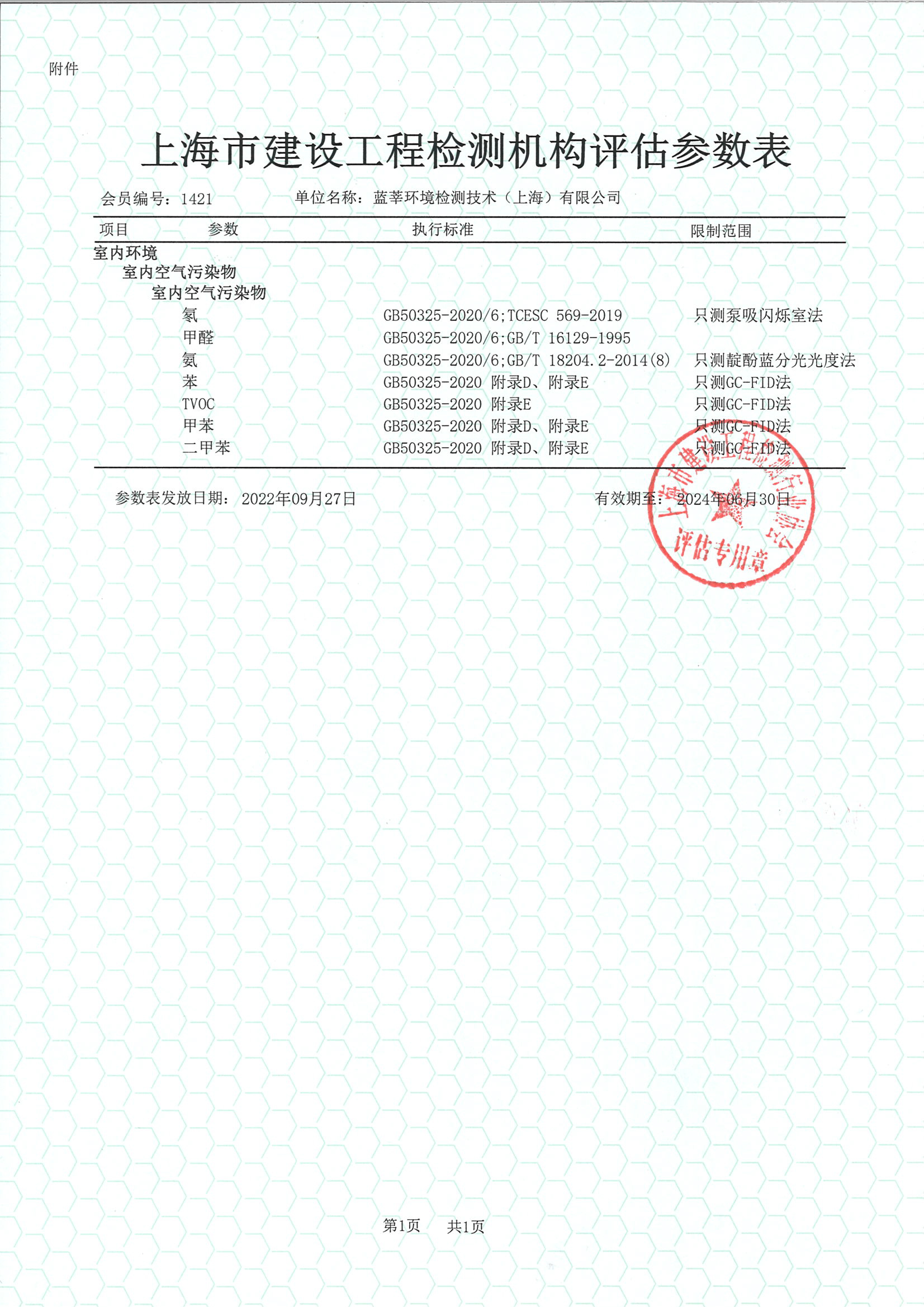 上海市建設工程檢測機構評價(jià)參數表